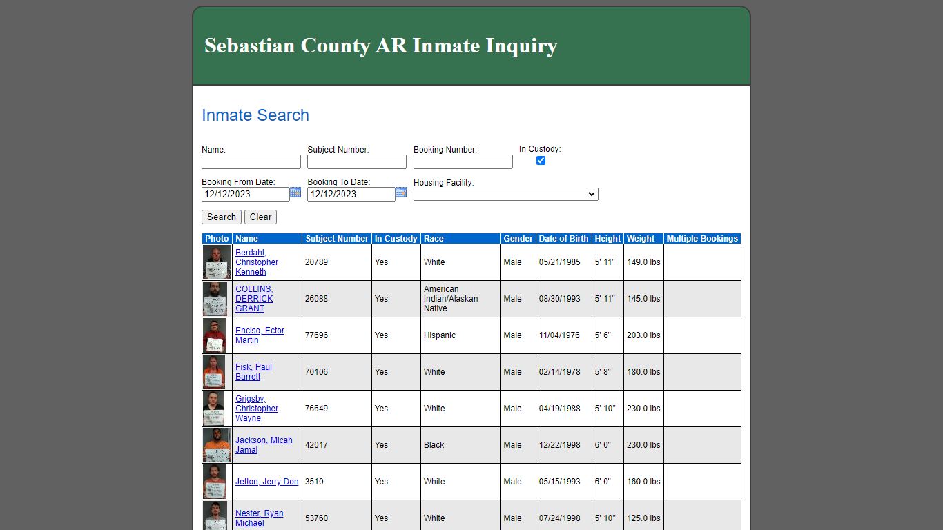 Inmate Search - Sebastian County, Arkansas